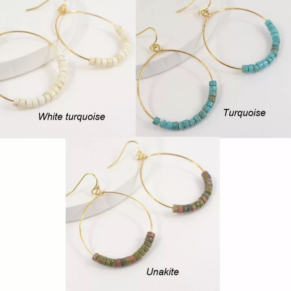 Turquoise Natural Stone Beaded Gold Hoop Earrings - Picture 3 of 4